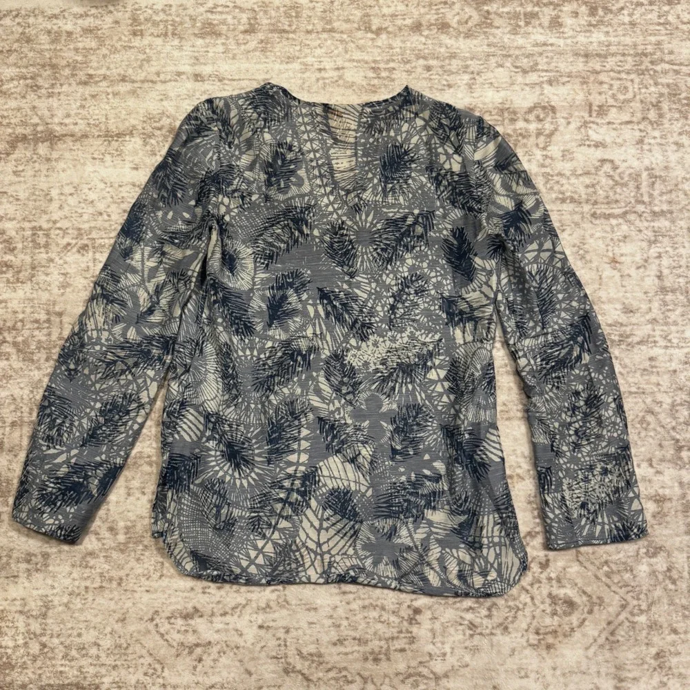 Tory Burch Blue White Abstract Botanical Print Long Sleeve Tunic Top Size 0